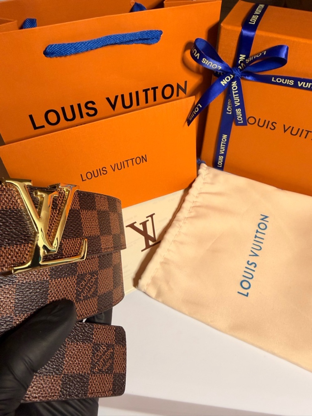 Louis Vuitton Brown Damier Ebene Belt with Gold LV Buckle Size 36-40